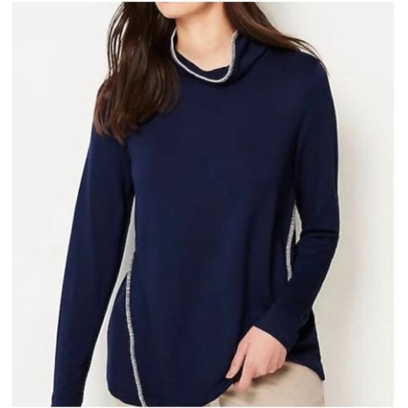 Pure Jill Tranquility Fleece Whipstitched Mock Neck Navy Blue Top Size XL - Picture 1 of 9